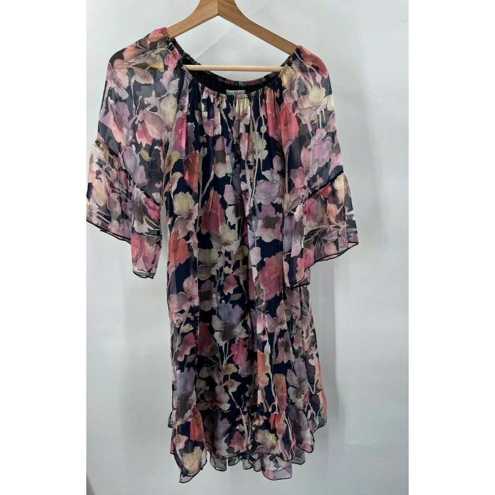 Elena Baldi Silk Blend Multicolor Floral Chiffon Shift Dress Bell Sleeves Small